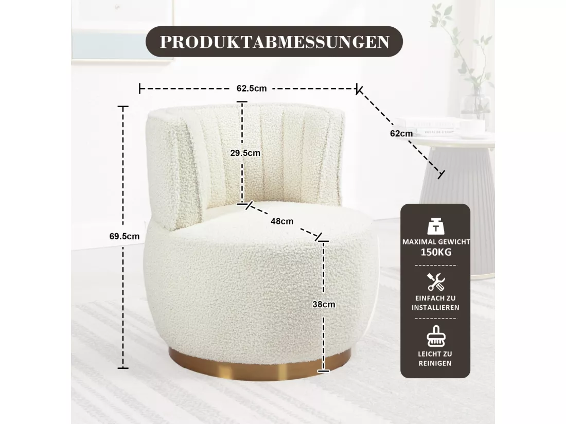 Fauteuil pivotant ronde en tissu bouclette blanc - dossier ergonomique - max 150kg - 62.5x62.5x69.5cm