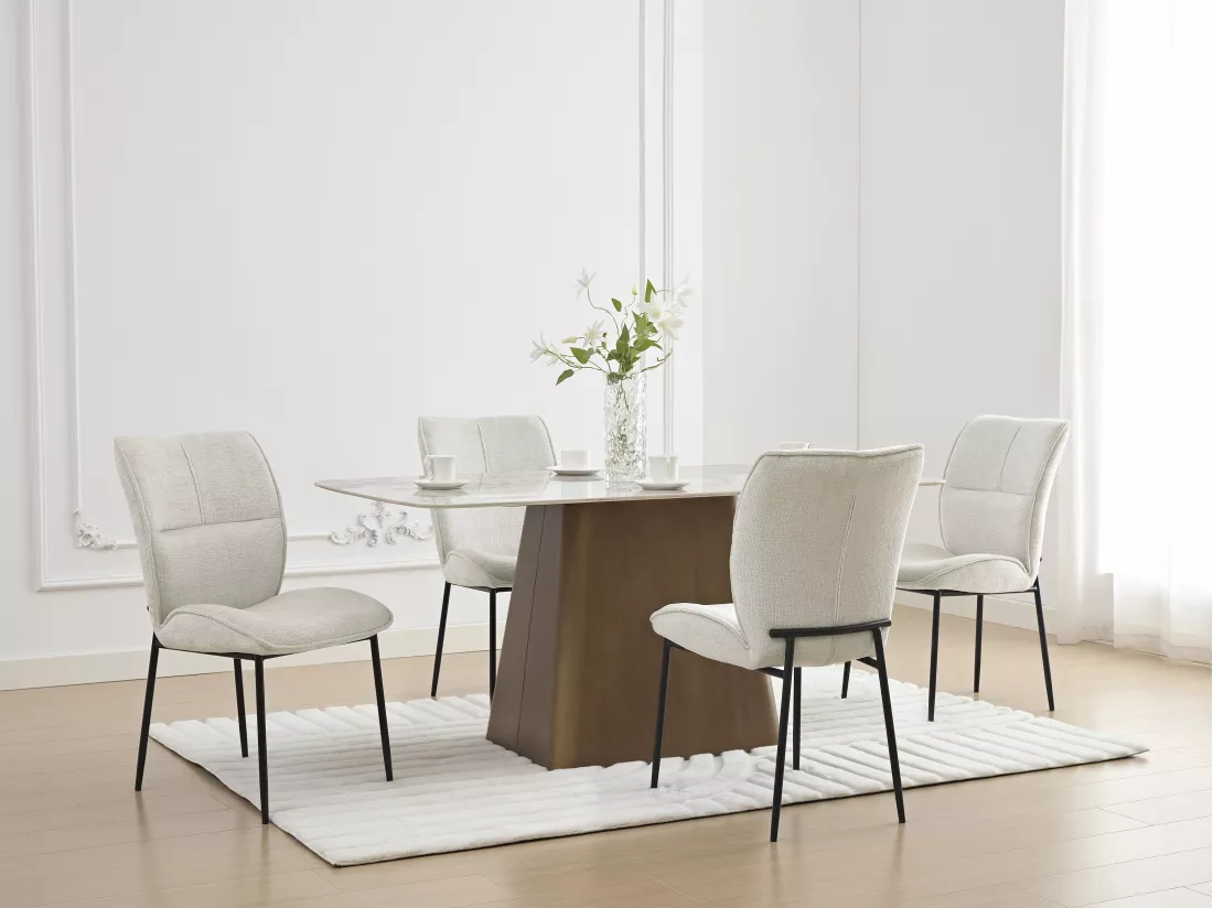 Lot de 6 chaises en tissu texturé et métal noir - Crème - TIANIVA