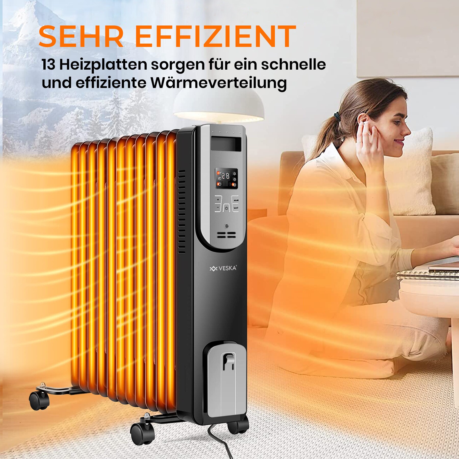 Ölradiator 2500W Elektro Heizkörper mit LCD-Display und Fernbedienung - Schwarz