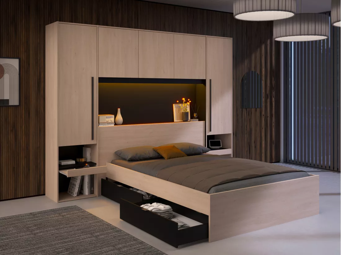 Lit pont 140 x 190 cm avec rangements - Avec LEDs - Coloris : Naturel et noir - VELONA