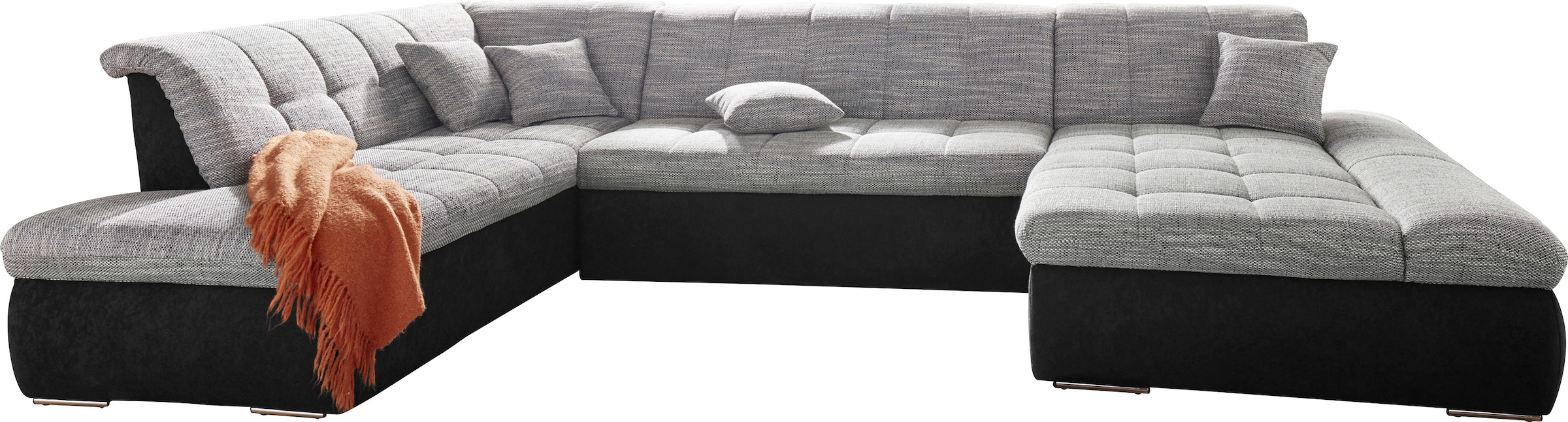 DOMO collection Wohnlandschaft »PB Moric wahlweise mit Bettfunktion und Armteilverstellung   U-Form« XXL-Format B/T/H: 353/216/80 cm, feine Steppung, incl. Zierkissen