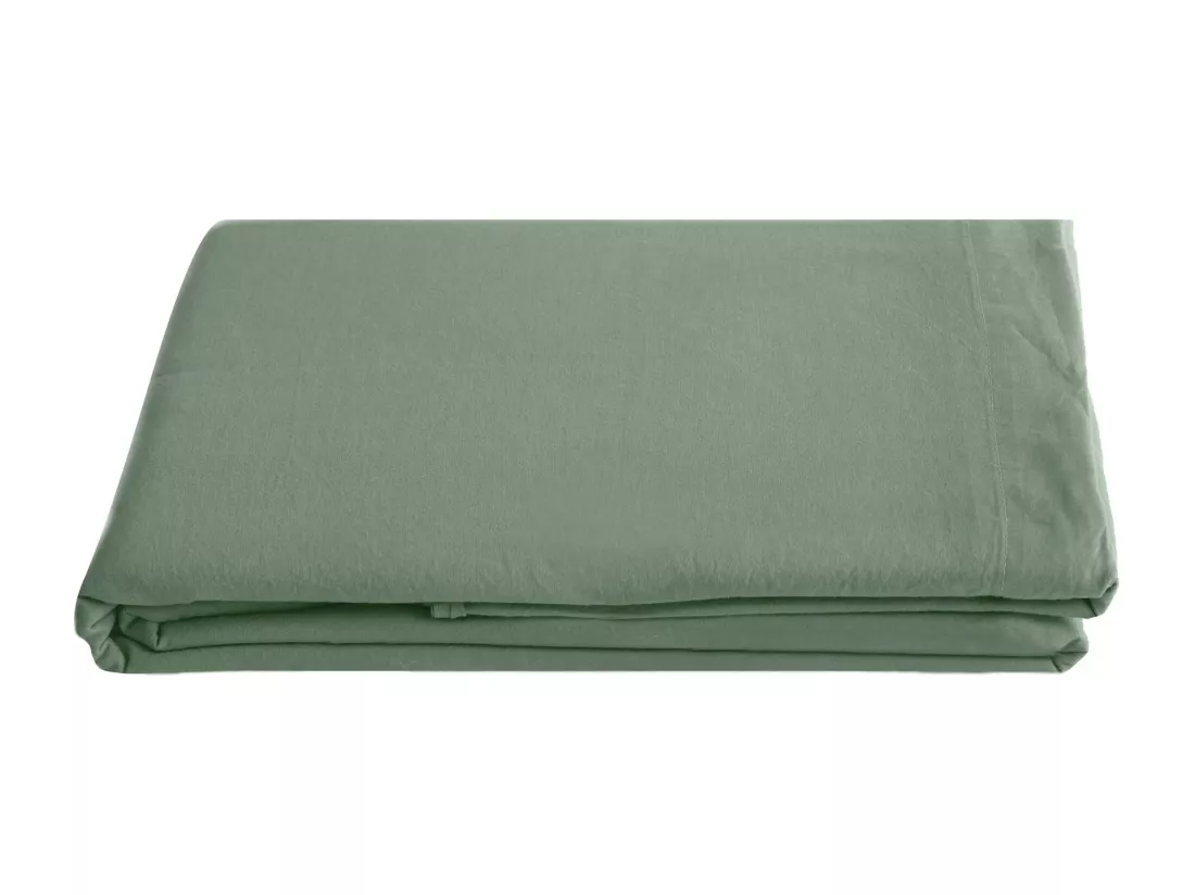 Drap plat uni 270x300 cm 100% lin lavé effet froissé SONATE vert Thym