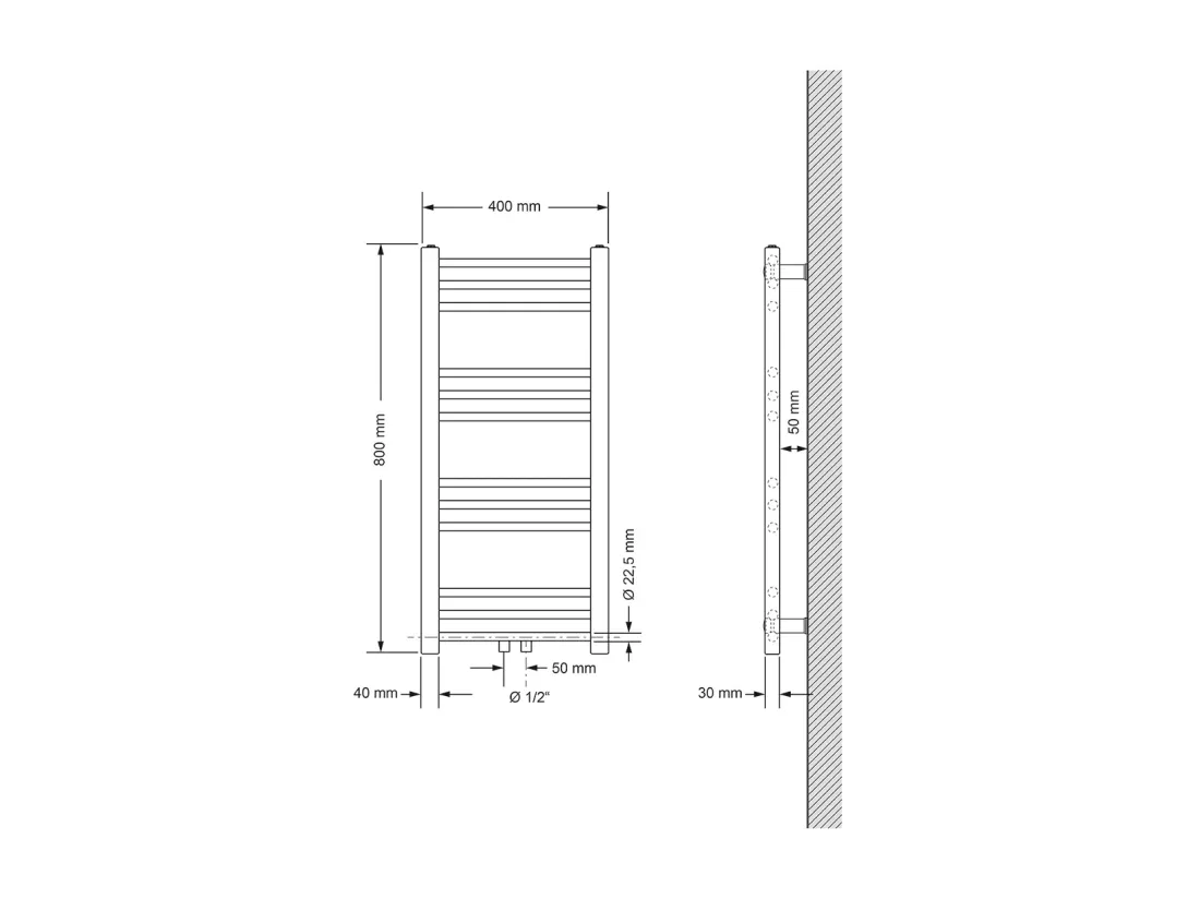 Radiateur sèche-serviette salle bain anthracite droit connexion central 40x80 cm
