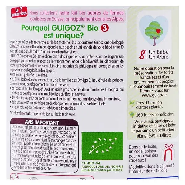 Leite de crescimento orgânico Guigoz, 3ª etapa, 800g
