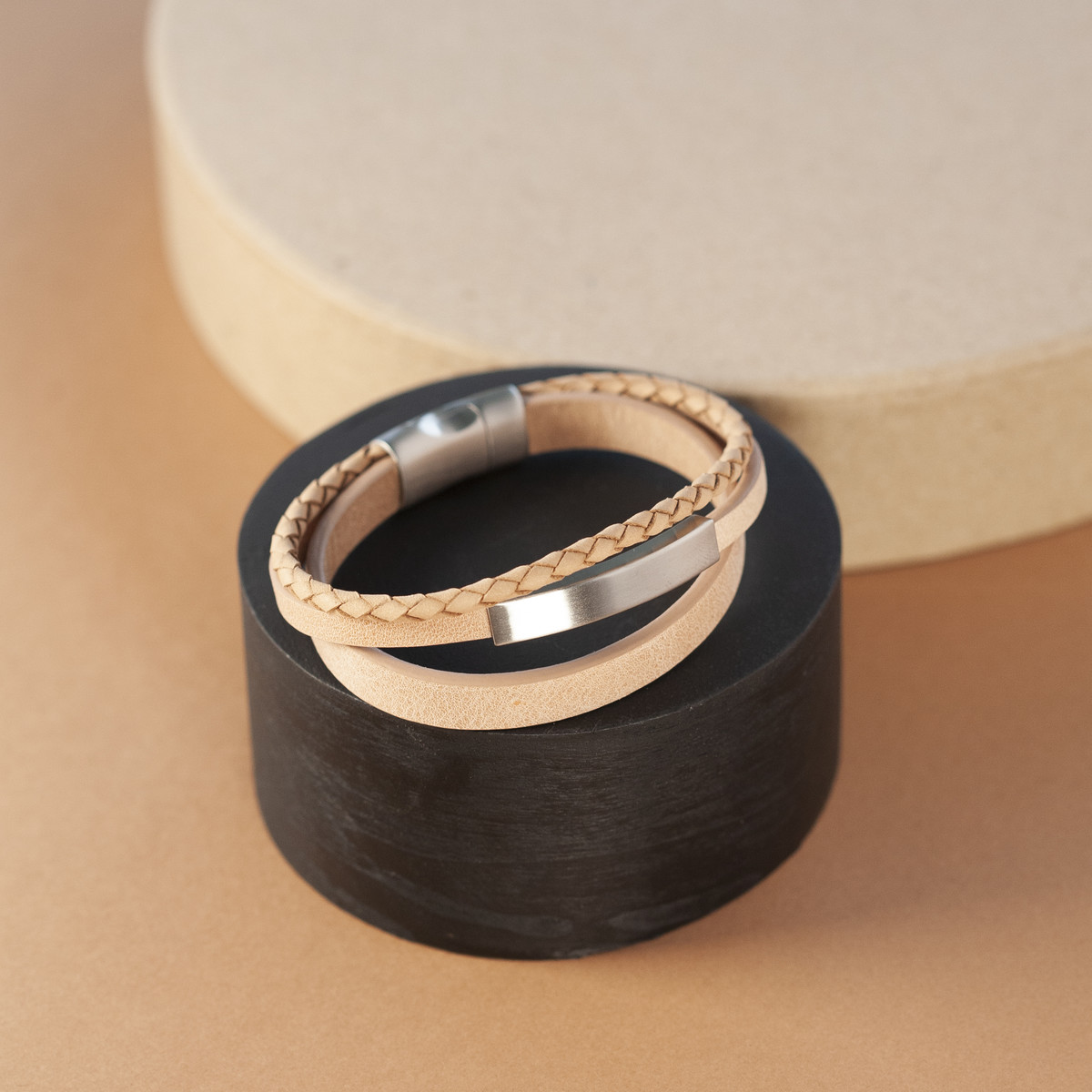 Bracelet cuir acier multirangs 21 cm