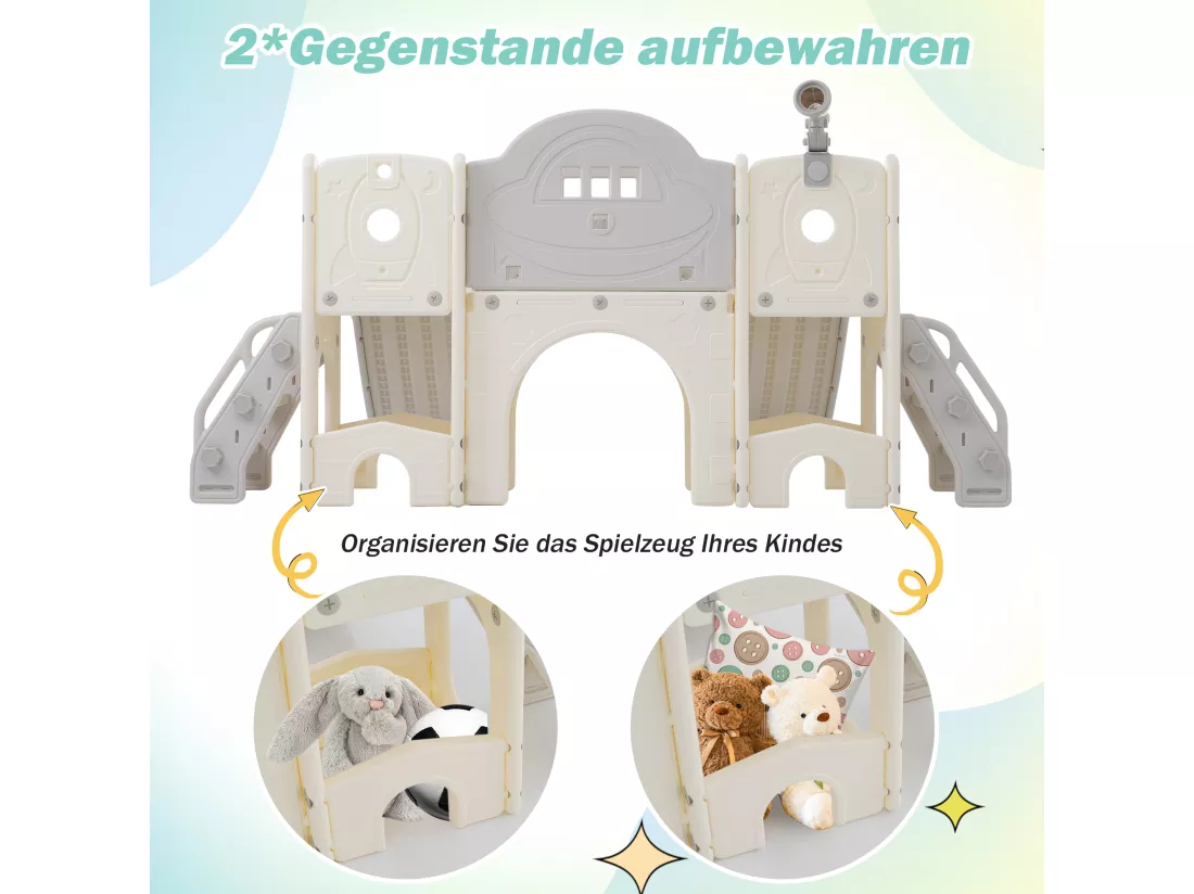 Toboggans double 8 en 1 pour enfants - 200 x 165 x 95cm - en HDPE - avec espace de rangement et panier de basket - gris