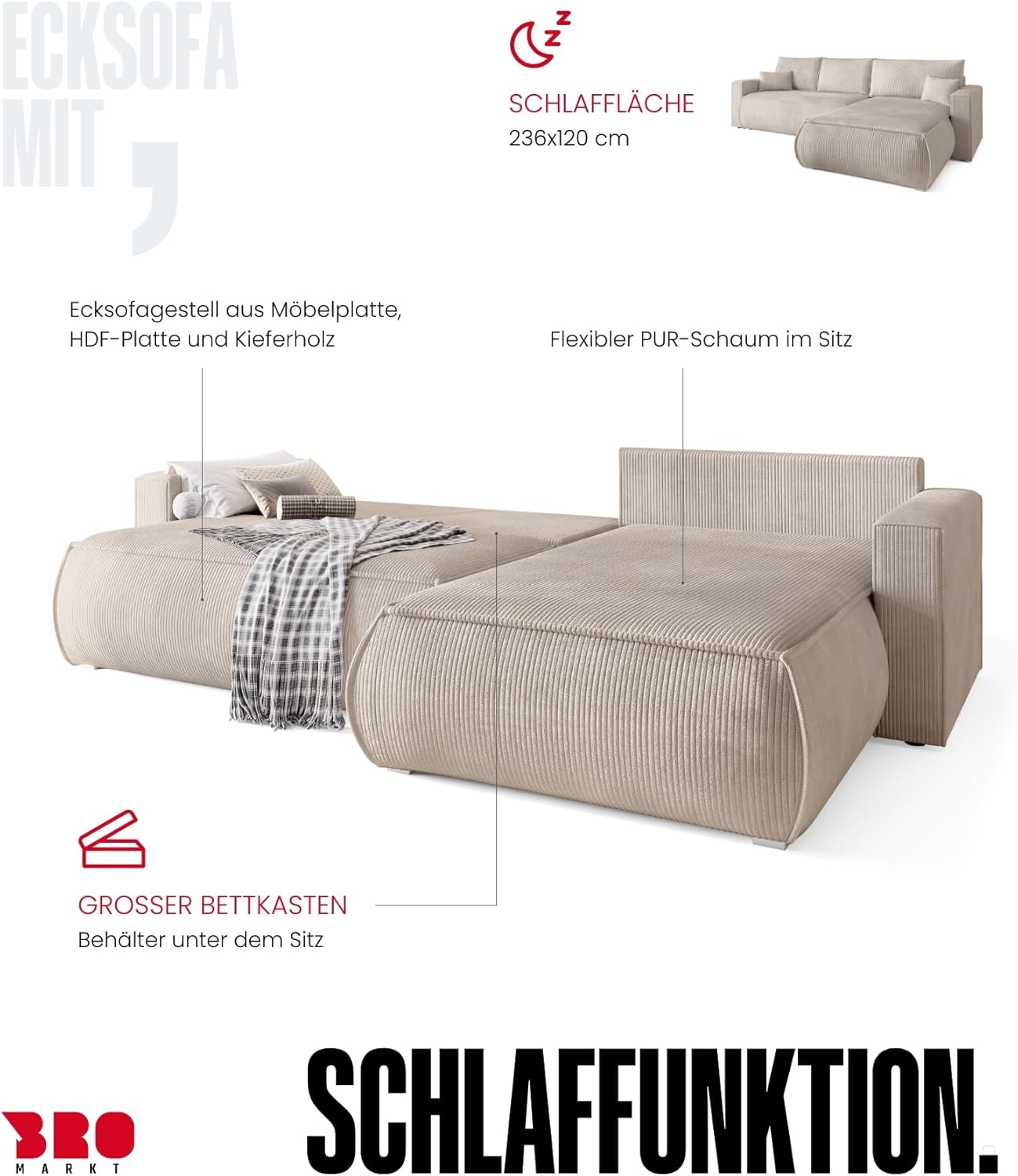 BROMARKT Sofa mit Schlaffunktion Couch L polsterreiniger Sofa Bettkasten Schlafsofa für Wohnzimmer Couch freistehend Havana Relaxsofa 3 sitzer 270x173x80 cm Weiß