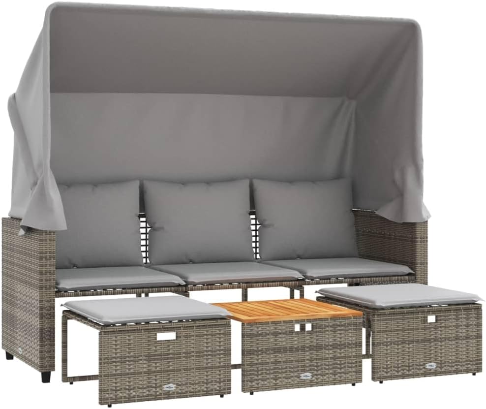 vidaXL Outdoor Sofa 3-Sitzer, Gartensofa mit Dach Hockern, Sonnenliege für Garten Terrasse, Gartenbank Gartenliege, Grau Poly Rattan WV0430793