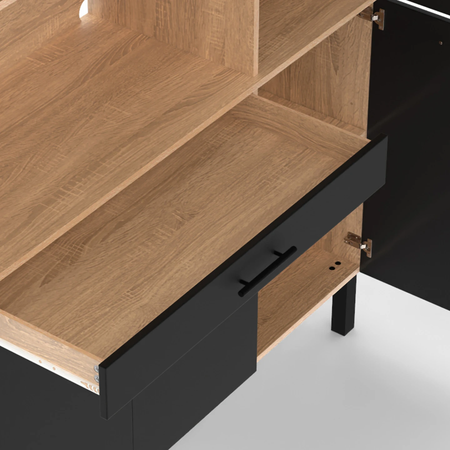 Buffet de cuisine avec colonne de rangement 120 CM CINA 6 portes + tiroir façon hêtre et noir