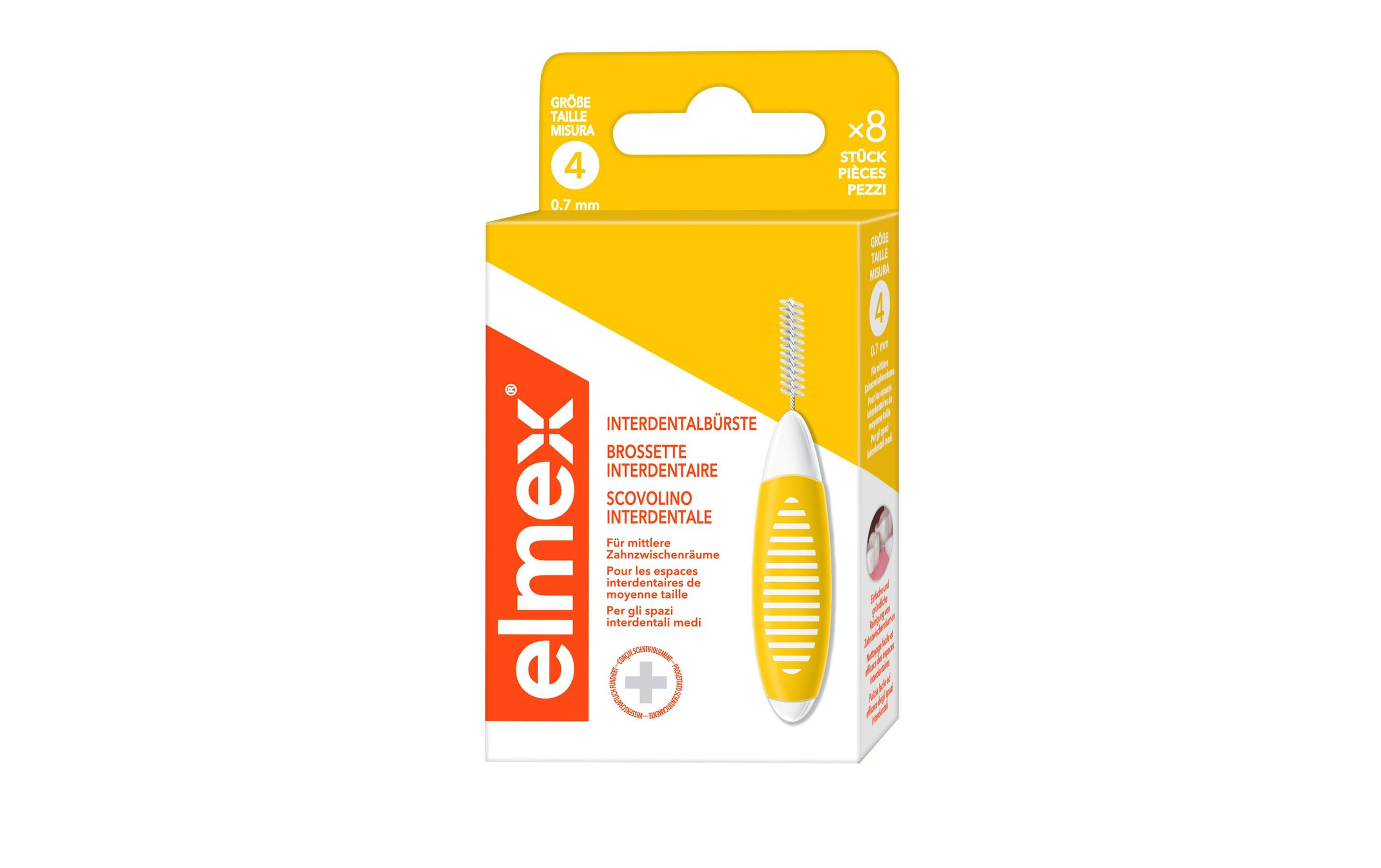 Interdentalbürsten Gelb, Grösse 4 0,7 mm, 8 StückHochwertige Bürsten für eine zuverlässige Reinigung der Zahnzwischenräume
