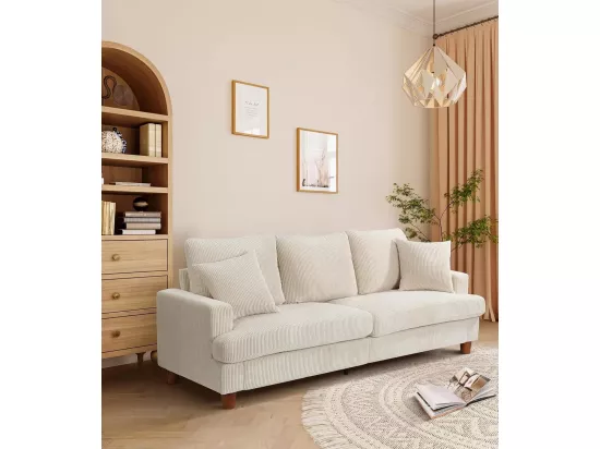 Canapé 3 Places en Velours Côtelé Beige, Grand Canapé Droit, Sièges extra profonds de 53cm, avec 2 Oreillers - 220x76x84cm