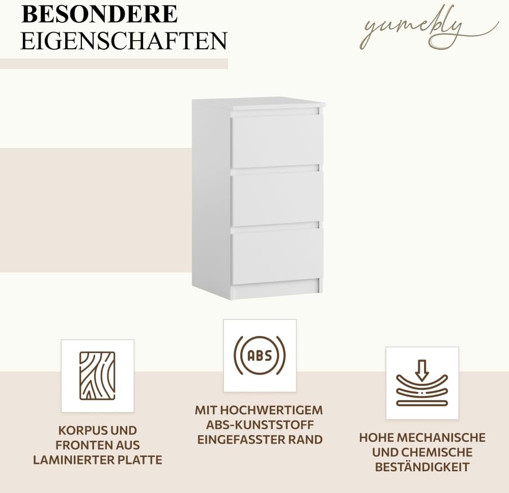Kommode mit 3 Schubladen | Weiß 40 cm Ideal für Schlafzimmer, Wohnzimmer, Kinderzimmer und Büro | Geräumige Kommode| Modernes Design | 40 x 75 x 40 cm