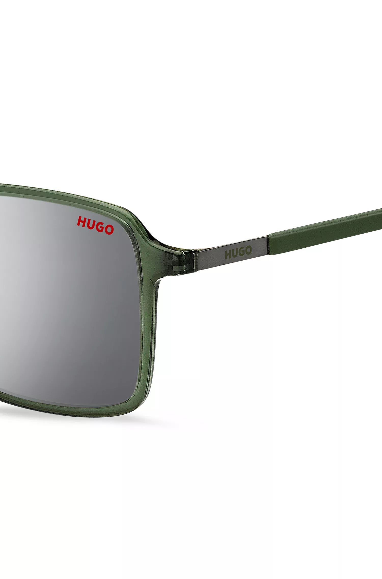 Óculos de sol HUGO vermelho-verde com hastes de aço inoxidável.
