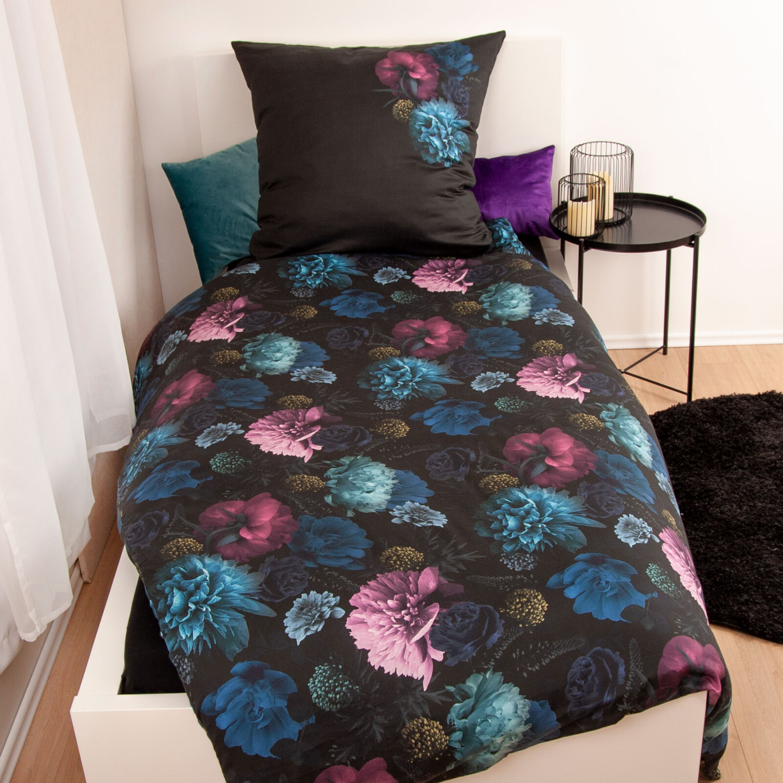 Satin-Bettwäsche - schwarz-rosa-blau - 135x200 cm