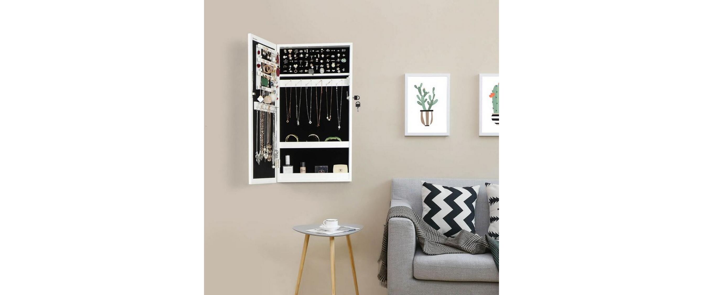Schmuckhalter mit Spiegel WeissSchmuckschrank