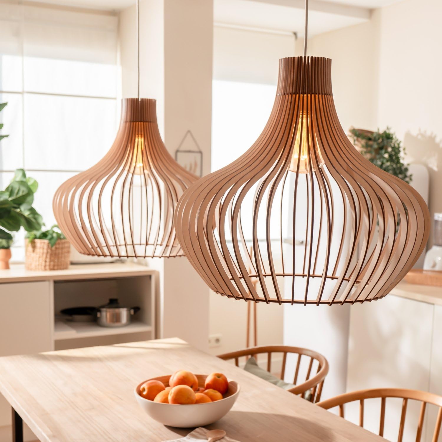 Pendelleuchte Holz „Iduna“, skandinavische Hängelampe Esstisch + Wohnzimmer, Boho Hängeleuchte höhenverstellbar + dimmbar mit E27 Fassung (Höhe x Durchmesser 40 cm x 45 cm)