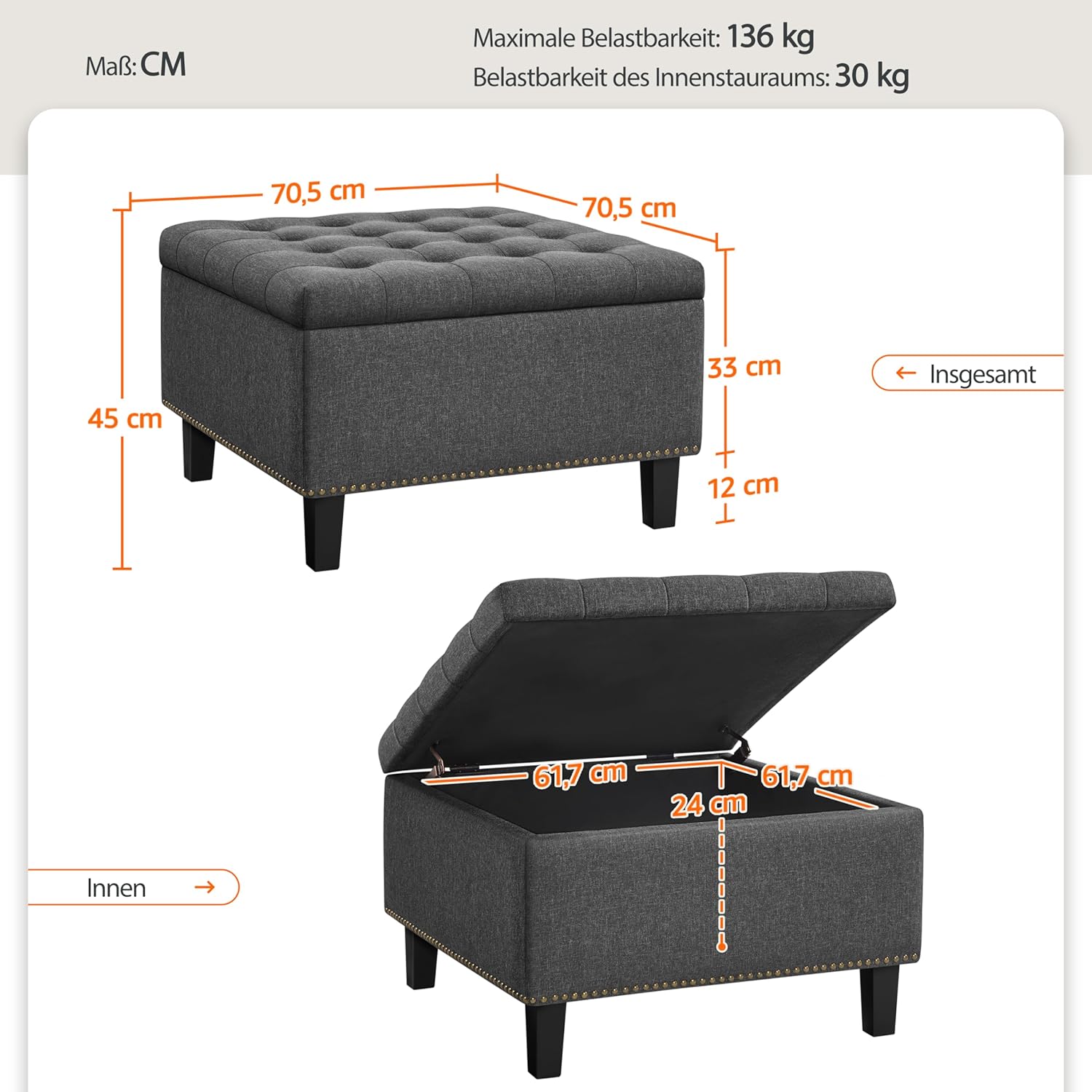 Yaheetech Sitzhocker mit Stauraum, Faltbare Sitztruhe, Aufbewahrungsbox, Fußbank Truhen Fußhocker, Leinen, 90 L, 70,5 x 70,5 x 45 cm, hellgrau