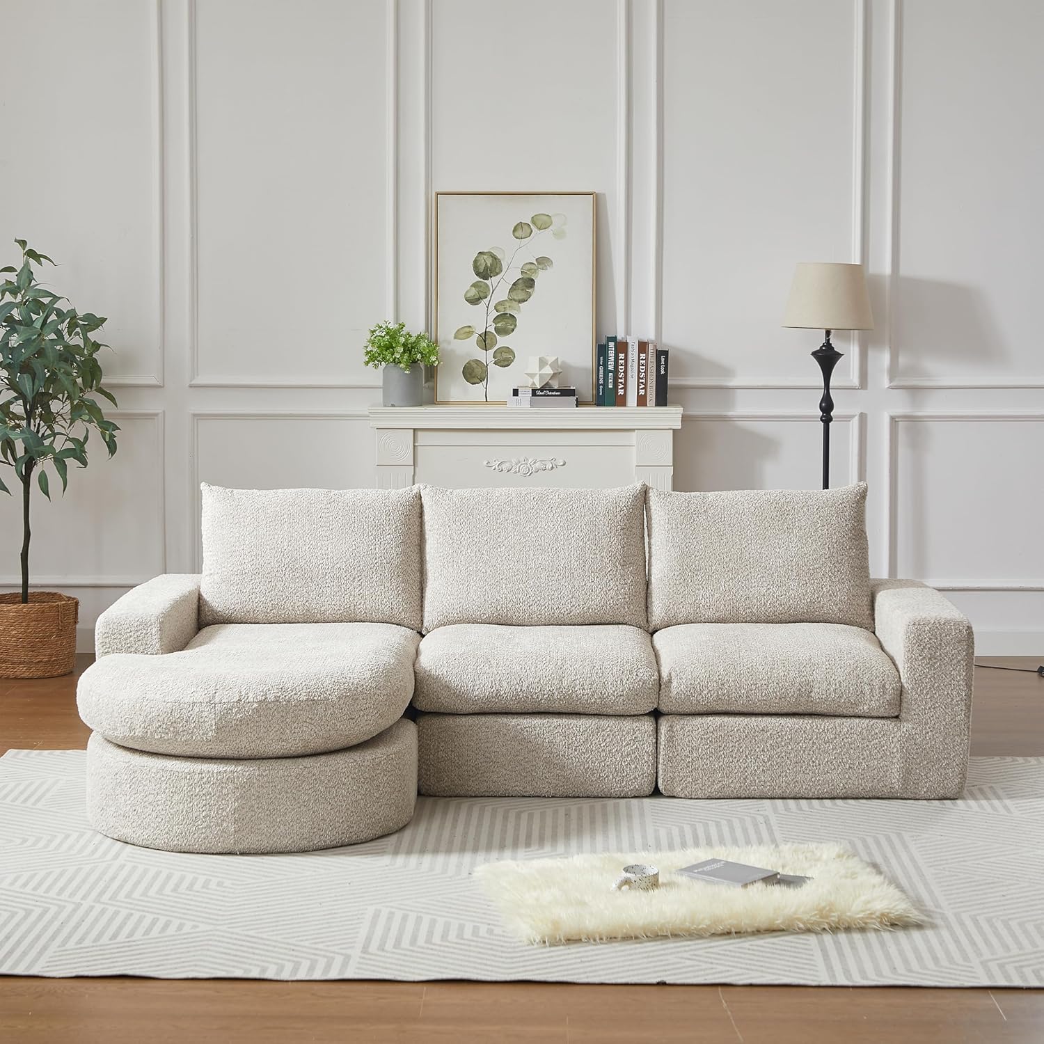 Modulares sofa,Chaiselongue,Chaiselongue sofa,Chenille-Sofa mit gebogenen Elementen und Liegestuhl, vollständig komprimiert und ohne Gestell, modulares Kombinationssofa L-Liegestuhl (Beige)