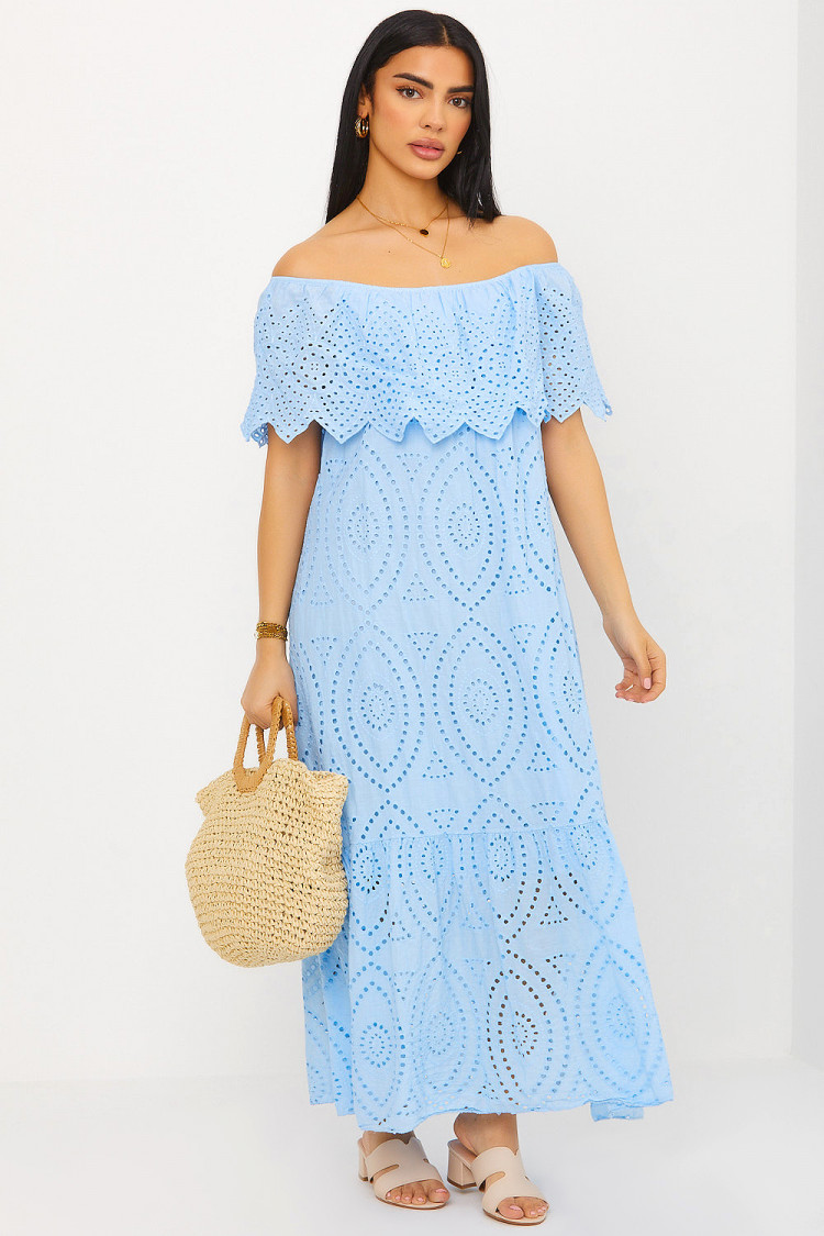 Robe bleu ciel col bardot en crochets