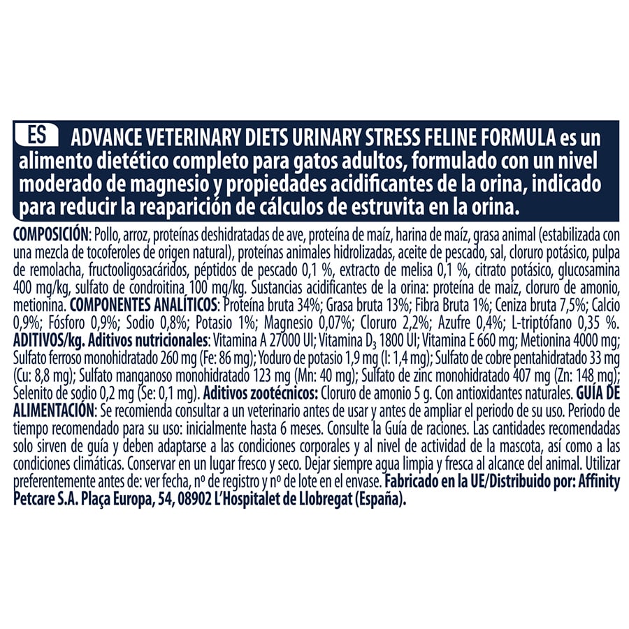 1,25 kg de ração Advance Veterinary Diets para estresse urinário em gatos