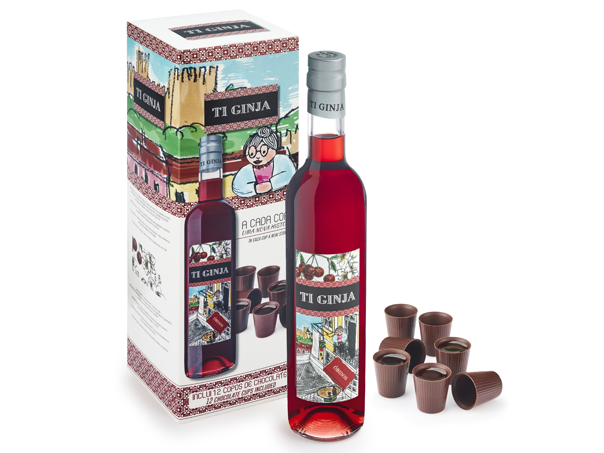 LICOR DE GINJA TI GINJA   12 COPOS DE CHOCOLATE 0.50L