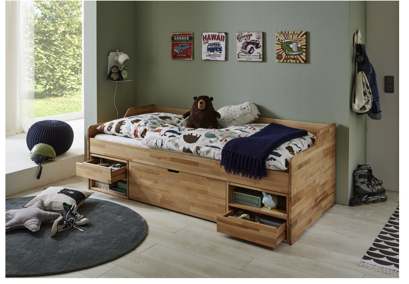Relita Kojenbett LEVI 90x200 Buche massiv natur lackiert, inkl. Rollrost, 2 kleine Schubladen, 2 offene Fächer, 1 große Schublade