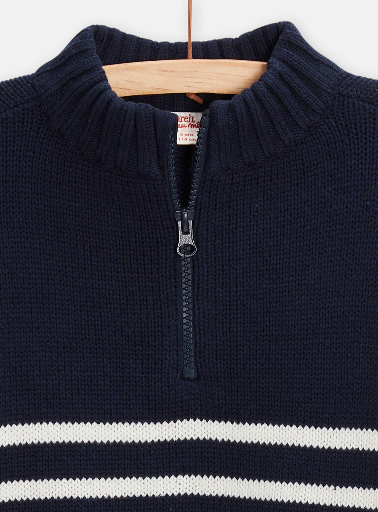 Pull bleu marine à rayures col montant pour garçon