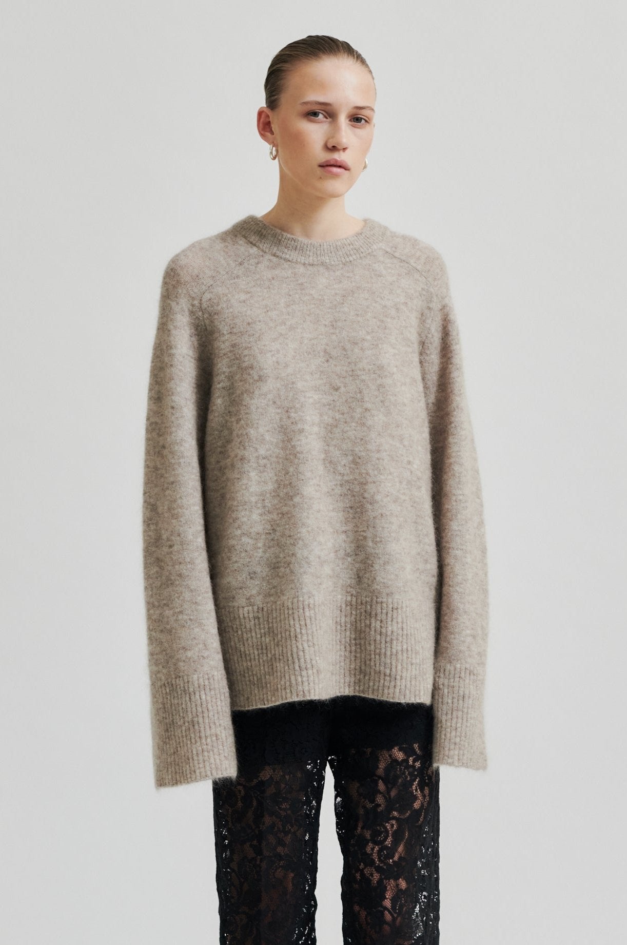 Second Female  Roy Raglan O-Neck uldstriktrøje - Beige Melange