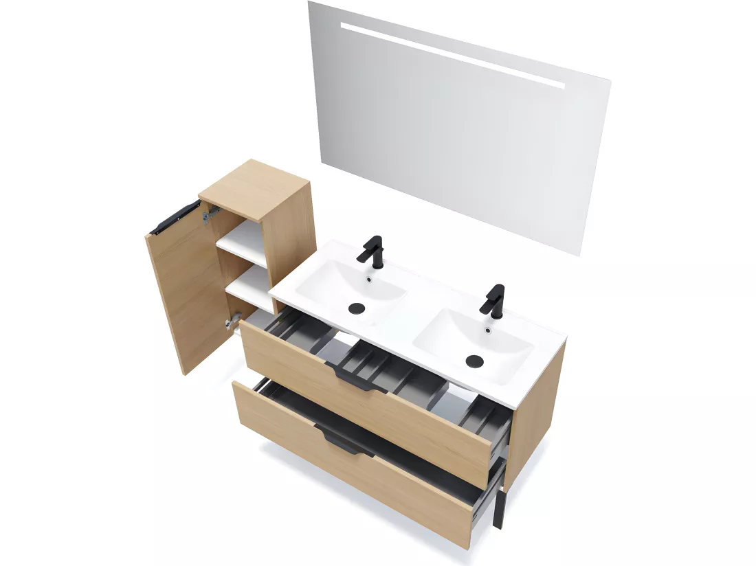 Meuble de salle de bain suspendu double vasque intégrée 120cm 2 tiroirs Chêne clair - Venice