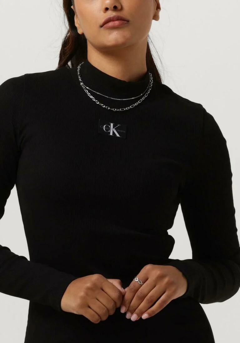 CALVIN KLEIN zwarte calvin klein mini jurk woven label rib ls dress