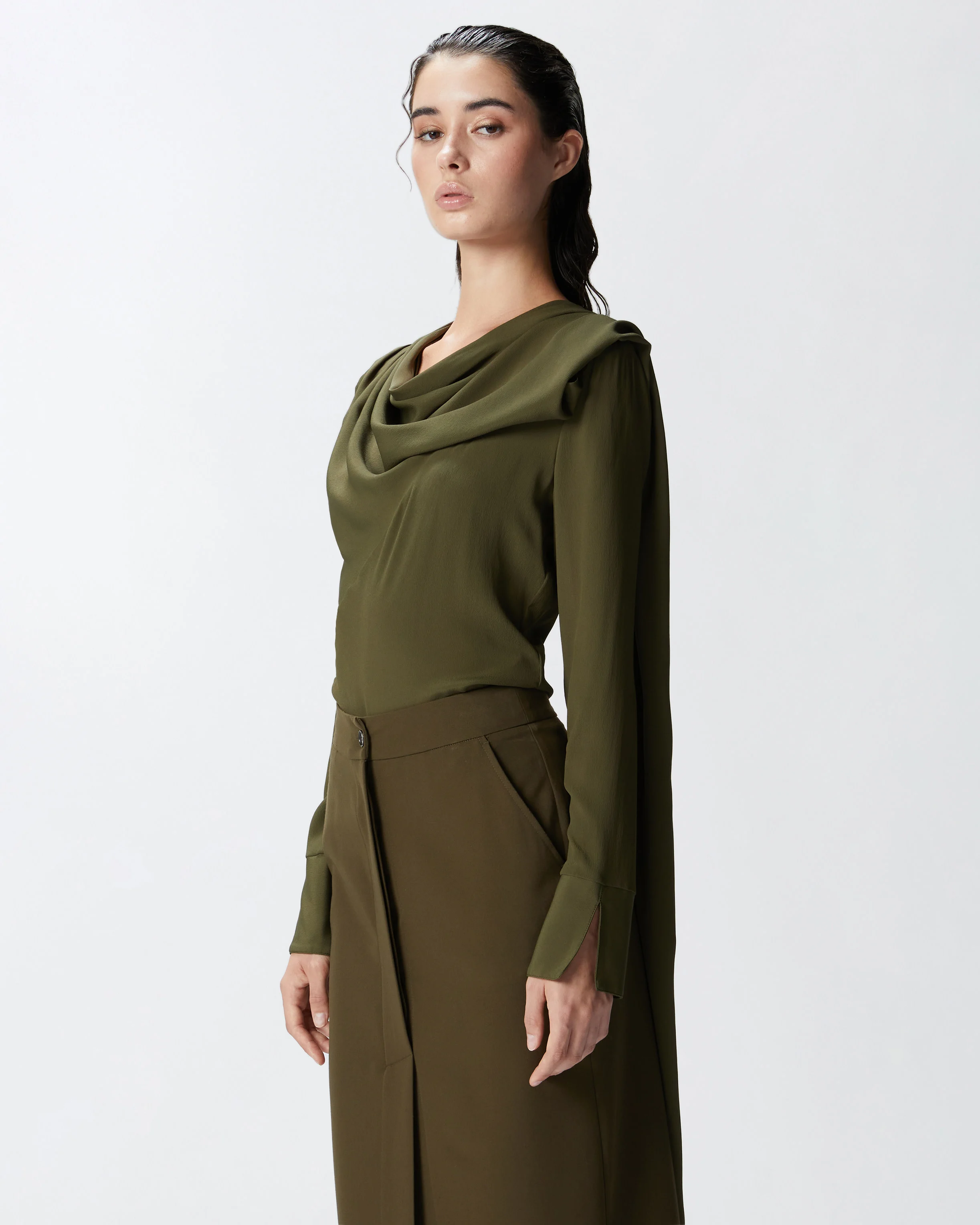 Blouse fluide mélangée à grande écharpe | Vert