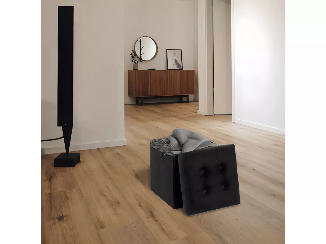 2 en 1 Pouf pliant et coffre de rangement Velours Noir 38 x 38 cm