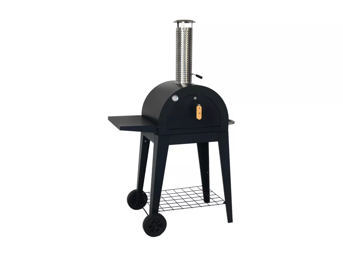 Four à pizza d'extérieur au charbon de bois. coloris noir - Giulia - pierre de cuisson roulette pelle et housse. L70xP63xH122cm