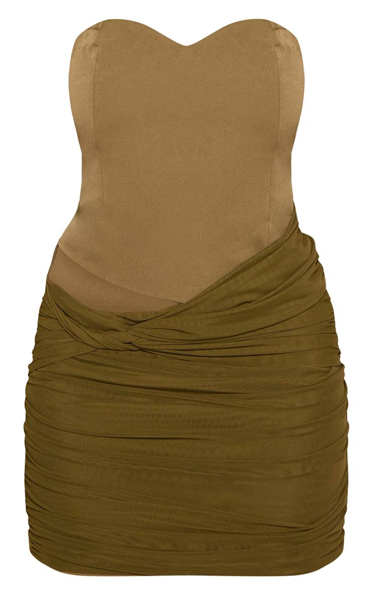 Kaki Robe Courte Moulante En Tissu Tissé Avec Découpes En Mesh Et Jupe Drapée
