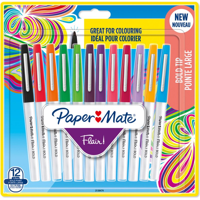 Stylo feutre Paper Mate Flair Bold écriture large - Pochette de 12