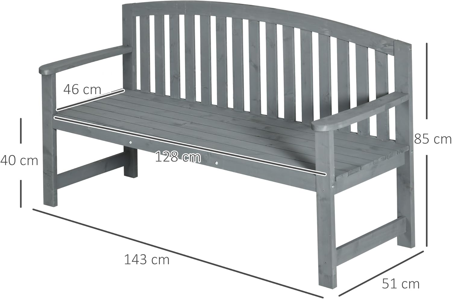 Outsunny 2-Sitzer Gartenbank Holz, wetterfest Sitzbank, Gartenmöbel mit Rückenlehnen, Parkbank 240 kg belastbar, Balkonbank, Holzbank für Balkon Terrasse, Garten, 143 x 51 x 85 cm, Grau