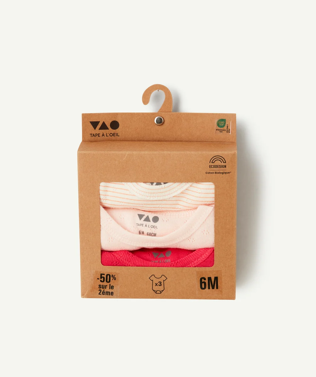 LOT DE 3 BODIES ROSE ET BLANC EN COTON BIO