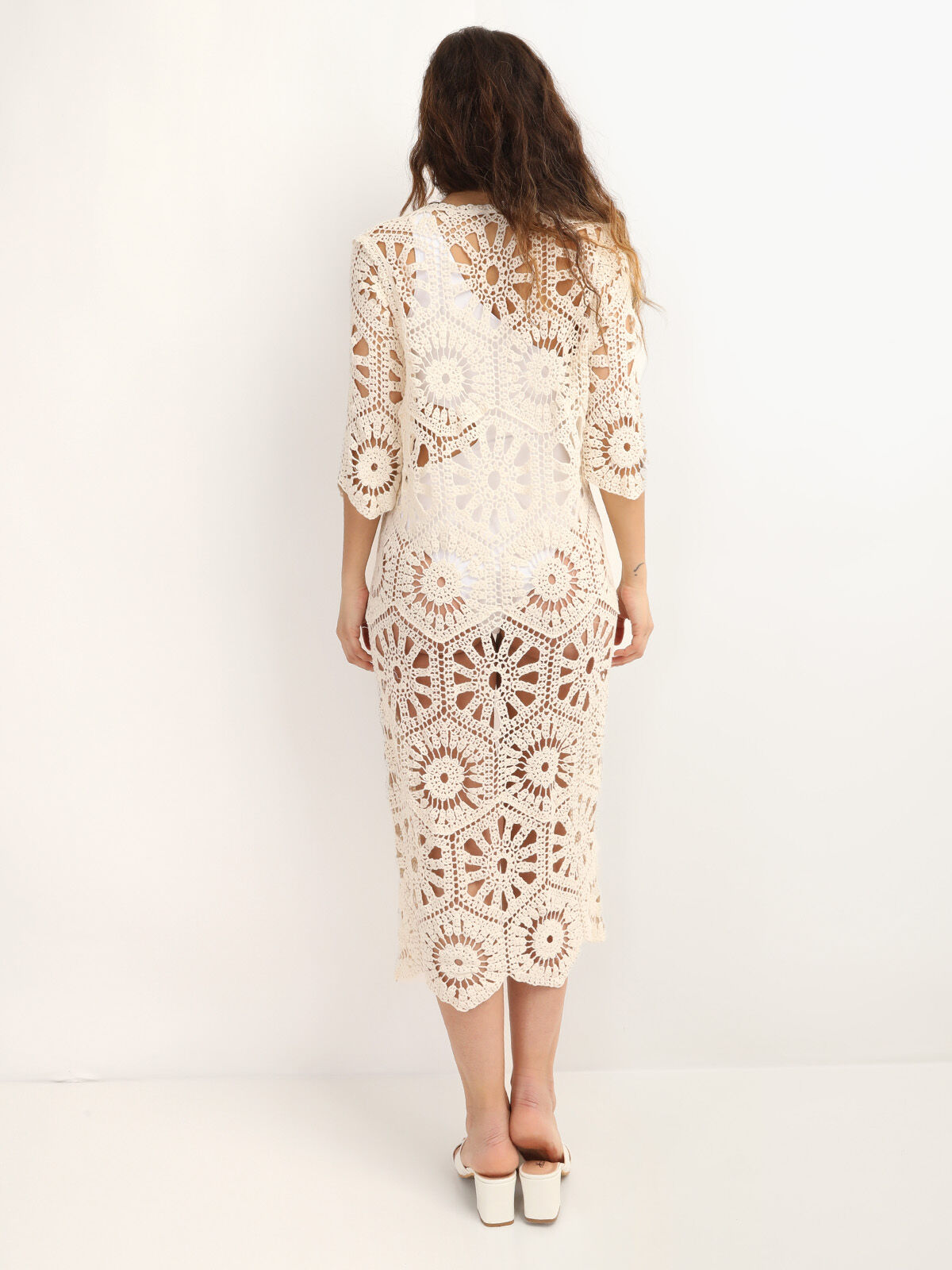 Kimono mi-long en crochet avec liens- Beige