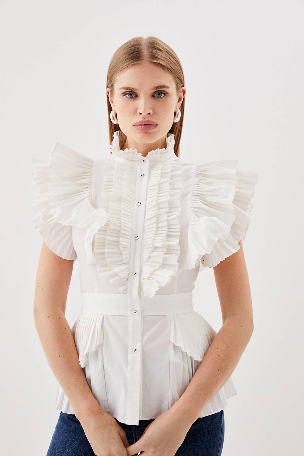 KarenMillen Chemise tissée à manches cap, plissée et à volants