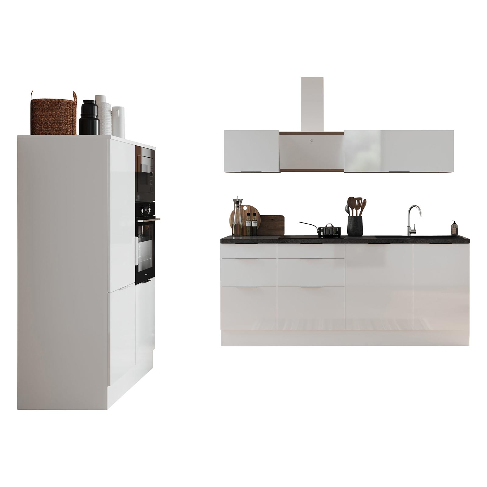 RESPEKTA Küchenblock - weiß Hochglanz - weiß matt - mit E-Geräten - 340 cm