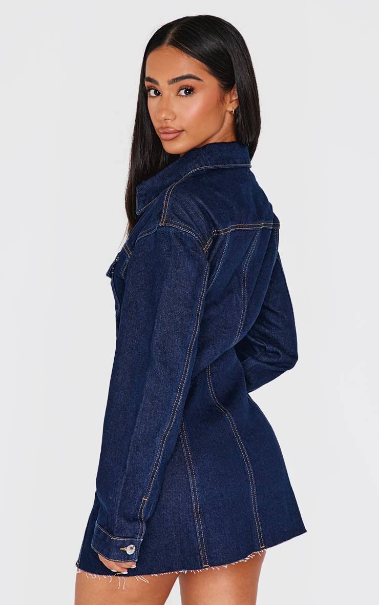Bleu Indigo Robe Mini Ajustée En Denim À Manches Longues Petite Taille
