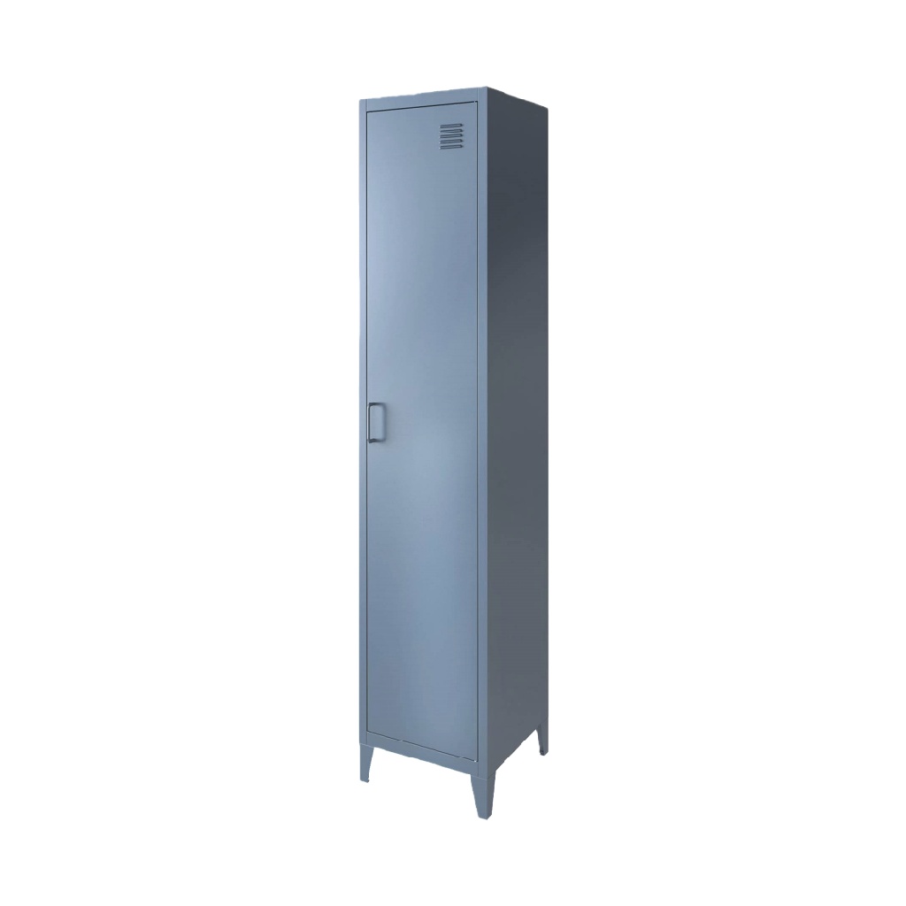 Armoire métallique bleu-gris à une porte – casier de rangement industriel étroit