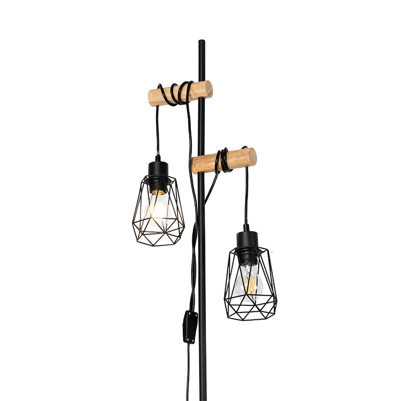 Landelijke vloerlamp zwart met hout 2-lichts met kap - Dami Frame