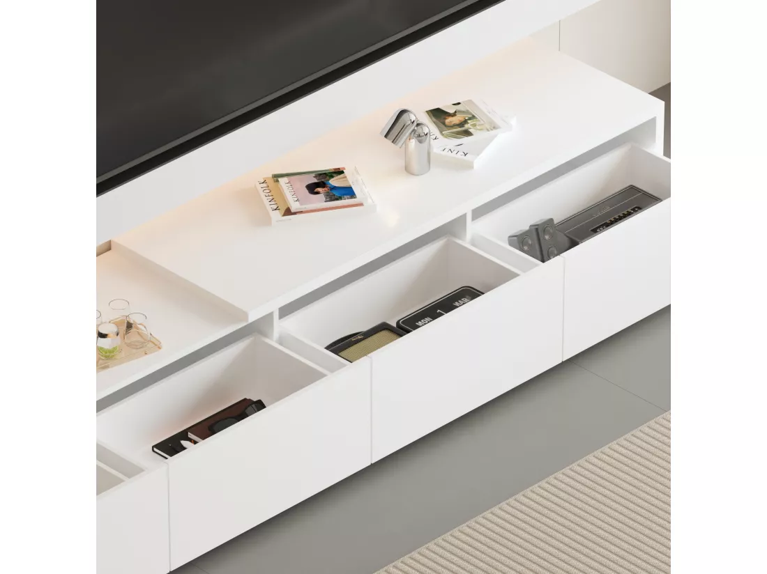 Meuble TV,support TV,Meuble bas,4 tiroirs,compartiments ouverts,220x31x40cm,Blanc