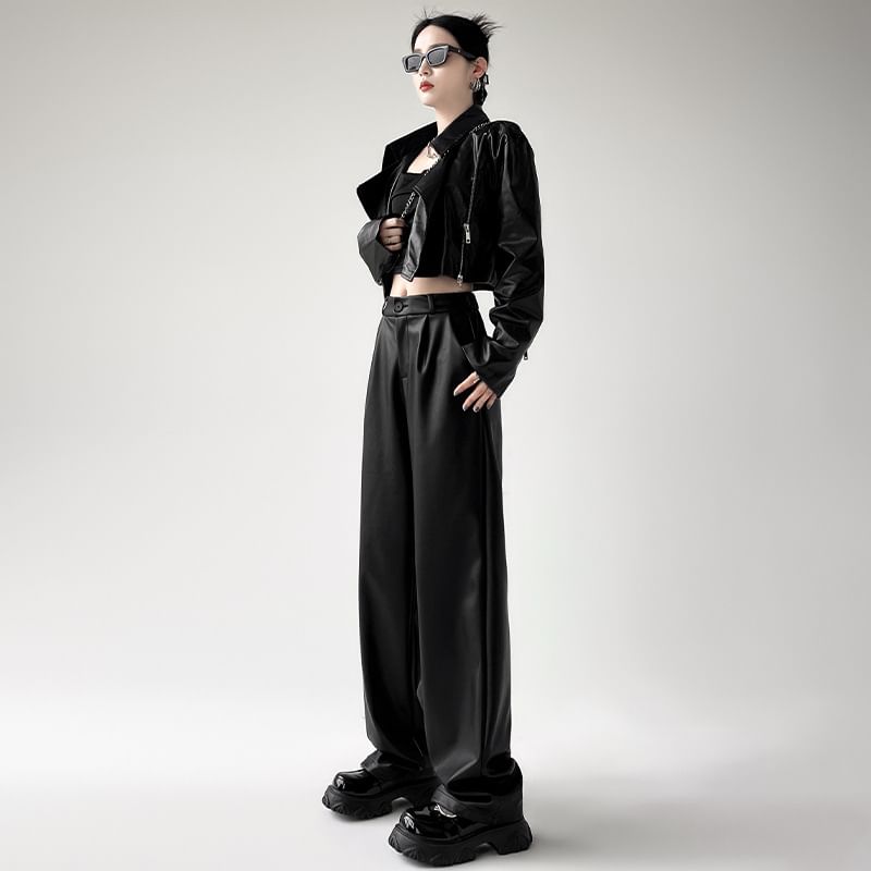 Colarseo - Hoge taille effen imitatieleren losse broek (verschillende ontwerpen)
