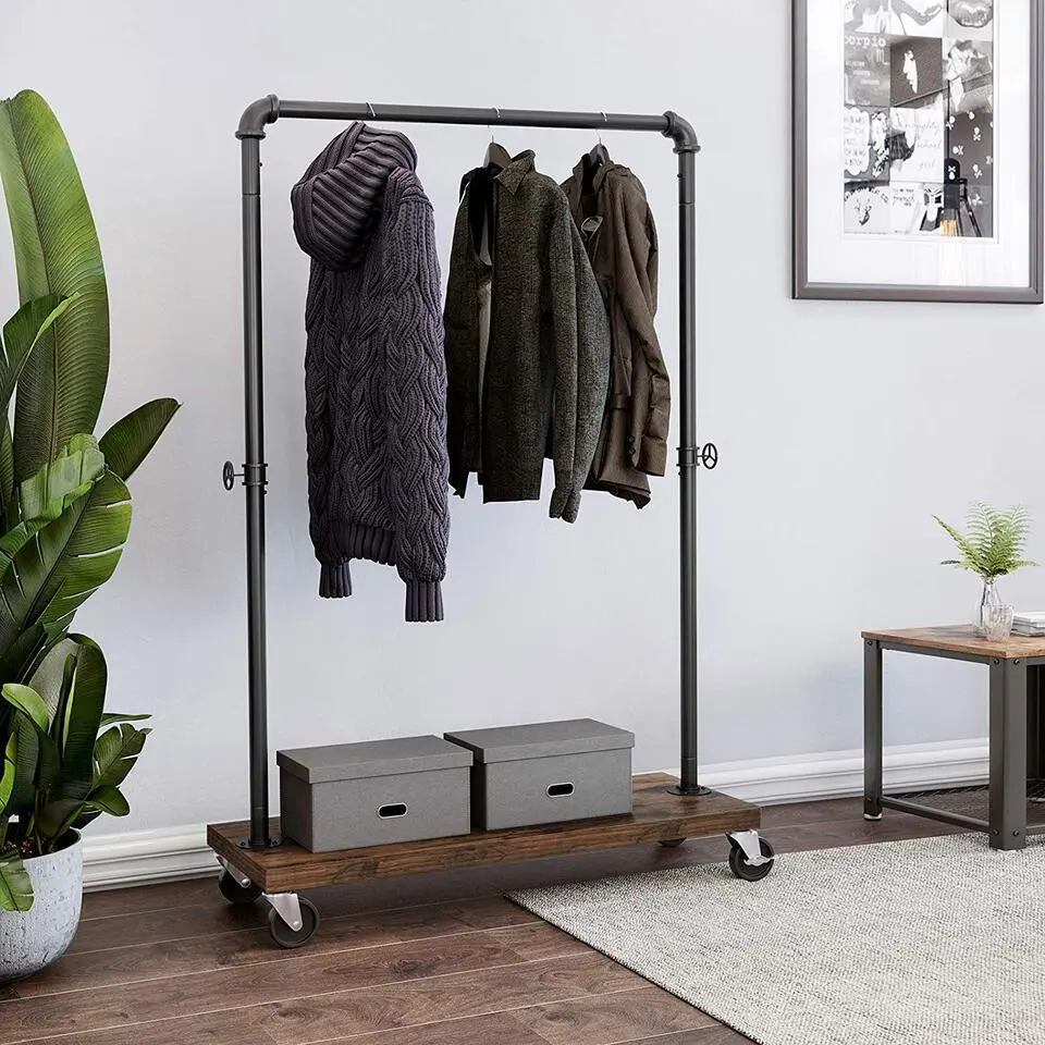 Mobiel kledingrek - rustiek heavy-duty - 1 rail - industrieel design - bruin