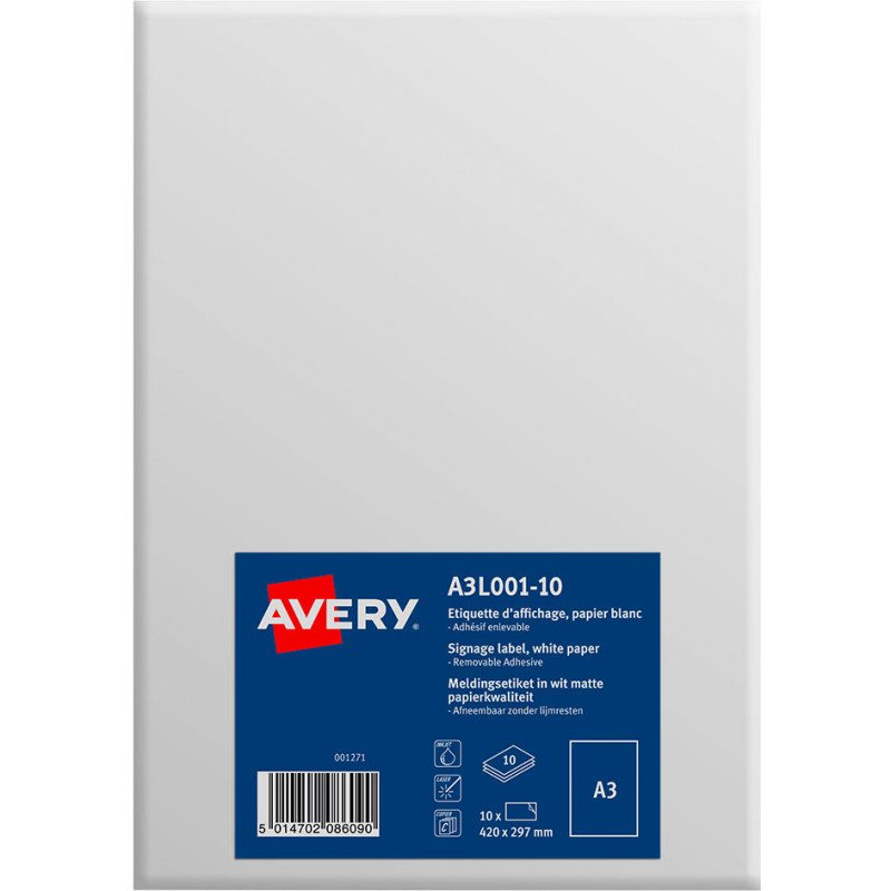 Etiquette A3 blanc mat Avery A3L001-10 - 420 x 297 mm - Pochette de 10
