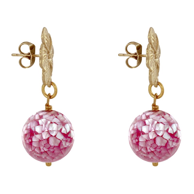 Boucles d'Oreilles Clous Métal Doré Fleur et Perle de Nacre Facettée