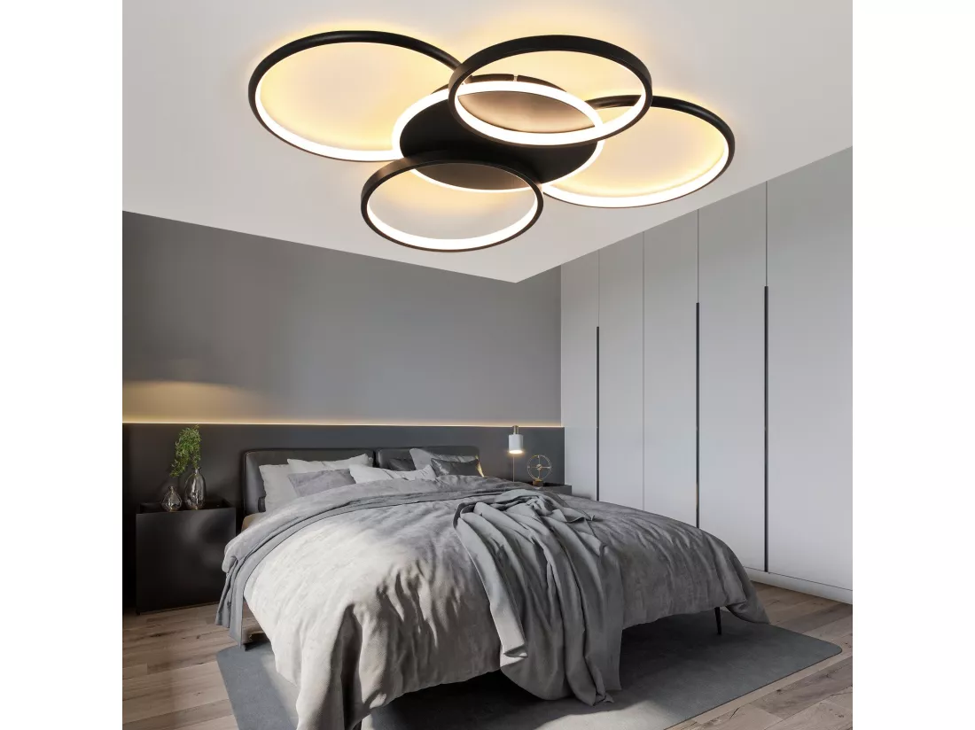 NETTLIFE Plafonnier LED salon dimmable 70W avec télécommande 5 anneaux blanc moderne acrylique