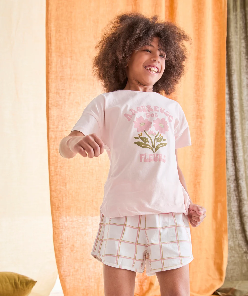 PYJAMA FILLE EN COTON BIOLOGIQUE ROSE ET À CARREAUX